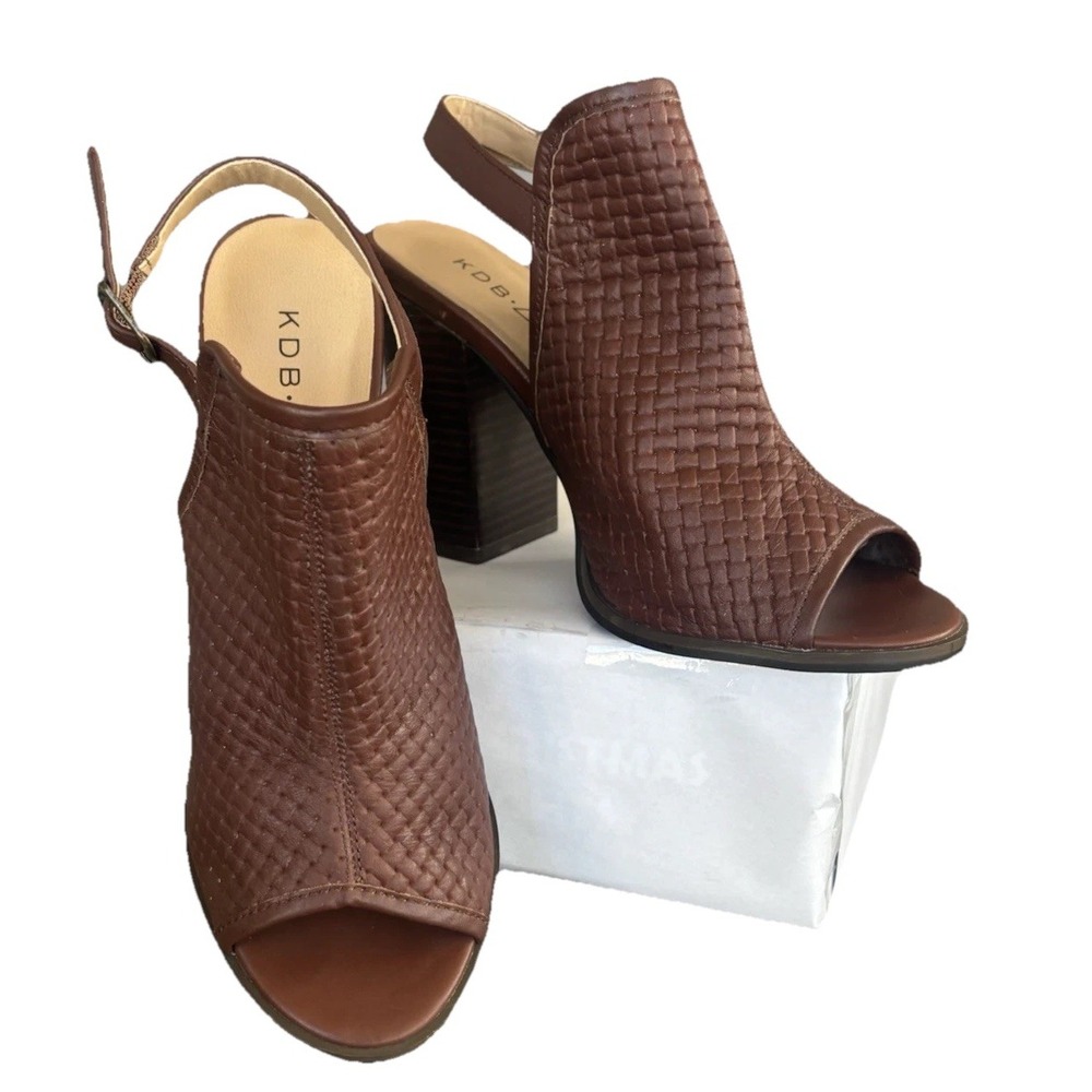 Kelsi Dagger Brooklyn Brown Leather Woven Peep Toe Slingback Block Heels 8.5